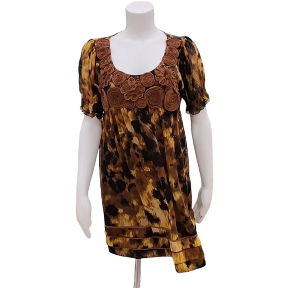 VINTAGE ECI Babydoll Tunic Top Mini Dress 10 L Appliques Rosette Ruffles Y2K - Picture 14 of 16